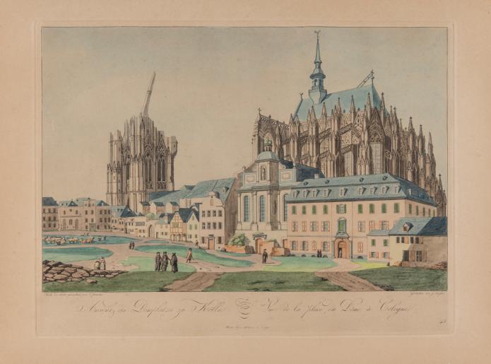 Ansicht des Domes von Südosten, kolorierte Radierung von Lorenz Janscha und Johannes Ziegler, Wien 1798, Privatbesitz. © Hohe Domkirche Köln, Dombauhütte; Foto: J. Rumbach